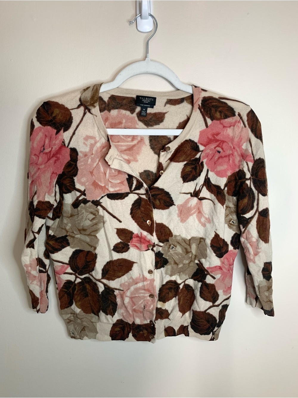 Talbots 100% Cashmere 3/4 Sleeve Button Up Cardigan Pink Brown Floral M